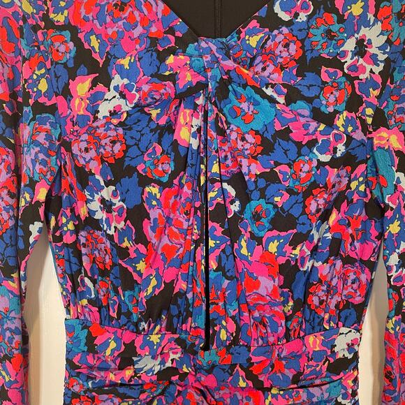 Zara Long Sleeve Mini Dress Floral Print Ruched Cutout Blue Purple Pink XS - Picture 5 of 7